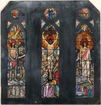 The Baptism of Christ; The Crucifixion with roundel of Moses; The Ressurection, Holy Trinity Church, Bardsea, near Ulverston, England