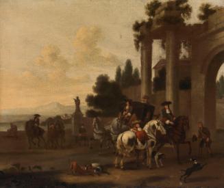 A Coach Party with a Classical Building