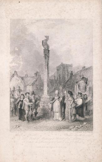 Melrose Cross and Melrose Abbey, Scotland, with the Earl of Moray and Abbot of St Mary's
