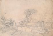 A Man Leading a Cart and Horse down a Country Road