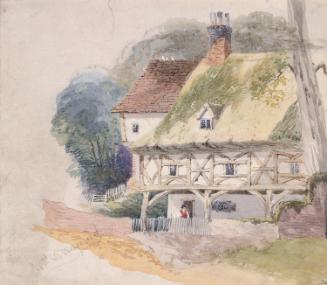 A Half-Timbered Thatched Cottage with a Man at the Door