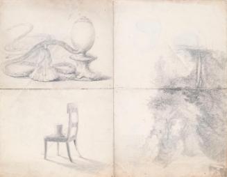 A Hookah, a Top Hat and Cane on a Chair and Trees (upside down)