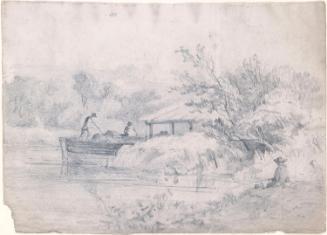 A Barge and Fishermen by the Riverbank