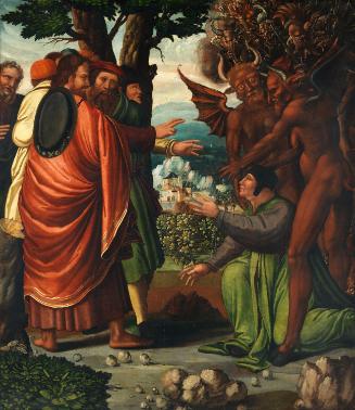 Landscape with an Angel Bearing the Crown of Martyrdom; Saint James the Greater and Hermogenes (on verso)