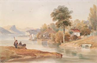 A Lake with Boatmen and Cottages