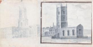 Saint Werburgh's, Werburgh Street (faintly on left) and Saint Nicholas Within, Christchurch Place (now towerless); Dublin from the North-East (on verso)