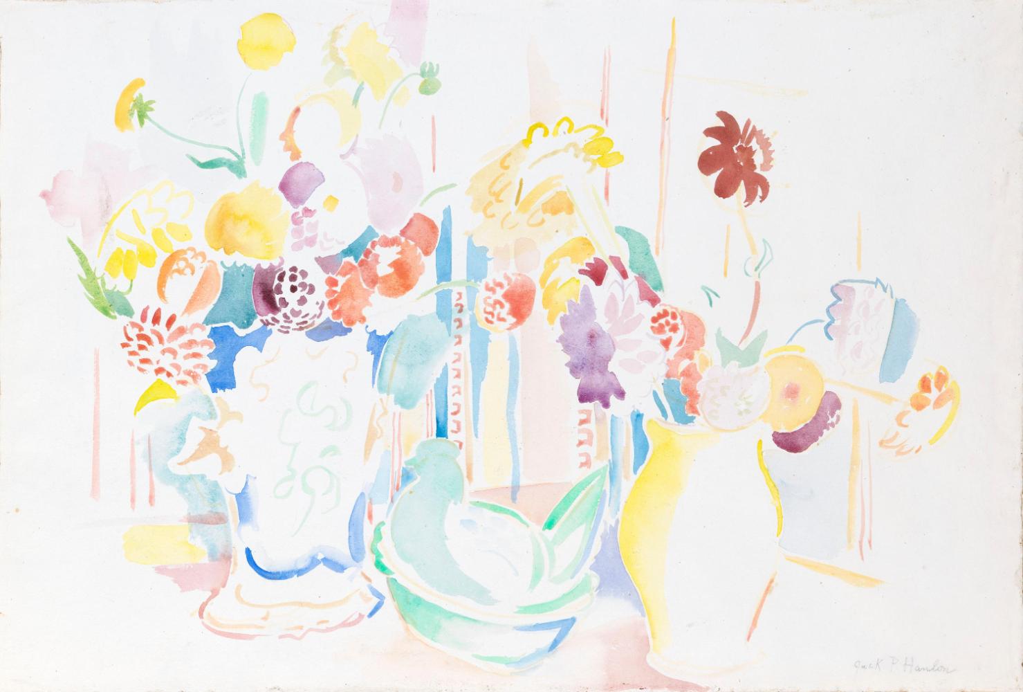 Two Vases of Flowers and a Terrine