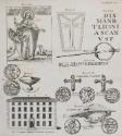Sheet of Illustrations: French Woodcut of Saint Roch and an Angel, a Chalice Found at Lichfield, a Thistle Brooch, Penal Crosses, a Coffin lid, Shop Signs, Simpson's Hospital [...]