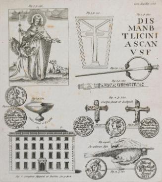 Sheet of Illustrations: French Woodcut of Saint Roch and an Angel, a Chalice Found at Lichfield, a Thistle Brooch, Penal Crosses, a Coffin lid, Shop Signs, Simpson's Hospital [...]