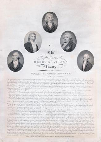 The Rt Hon. Henry Grattan's Answer to the Roman Catholic Address, Dublin, 1795, with Portraits of (l-r) Henry Flood, M.P., Sir John Parnell, M.P. (1744-1801), Henry Grattan, M.P. [...]