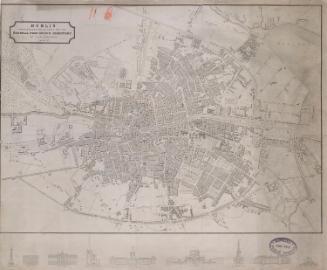 Plan of Dublin with Elevations of Nelson Pillar, Homes Hotel, the General Post Office, Saint Patrick's Cathedral, Custom House, Four Courts, Saint George's Church [...]
