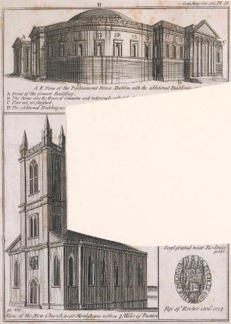 South-East View of the Parliament House, Dublin, Saint John's Church, Monkstown, County Dublin, and the Bishop of Exeter's Seal