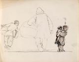 Two Men with Large Baskets and a Girl Holding a Baby