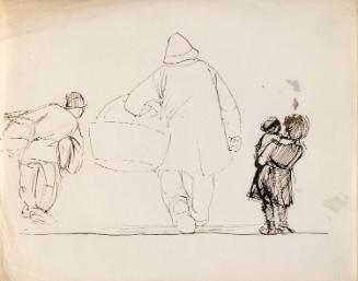 Two Men with Large Baskets and a Girl Holding a Baby