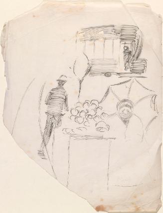 A Woman Selling Fruit in the Rain and a Man Running for an Omnibus