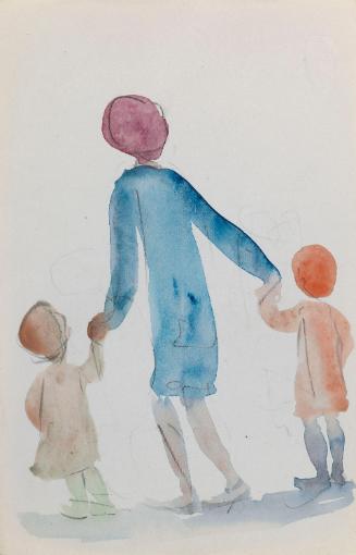 A Woman Holding Two Children by the Hand