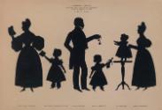 Silhouettes of Jane Waring, Hettie Waring Belcher, William, Dora, William and Mrs Belcher (left to right)