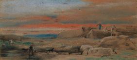 Figures among Rocks at Sunset