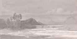 A Waterfall with Mountains in the Distance