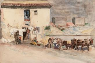 Mules and Figures outside a House