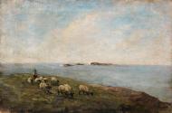Sheep and a Shepherd by the Sea