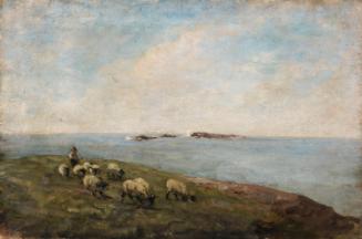 Sheep and a Shepherd by the Sea