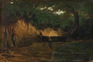 Yard with Trees, and a Boy Sitting on a Tree-trunk
