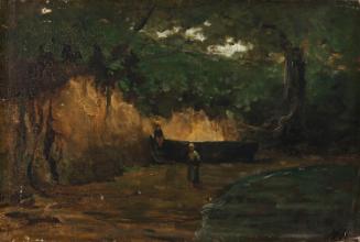 Yard with Trees, and a Boy Sitting on a Tree-trunk