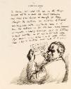 Illustrated letter from William Orpen to Mrs St George with a self-portrait of the artist holding a telegram