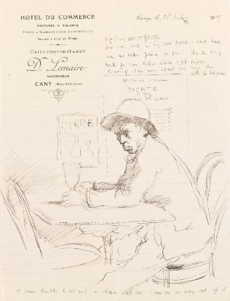 Illustrated letter from William Orpen to Mrs St George with a sketch of the artist in a bar in Cany