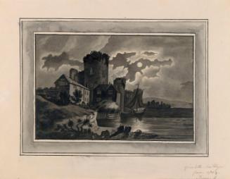 Ruined Castle by Water in Moonlight