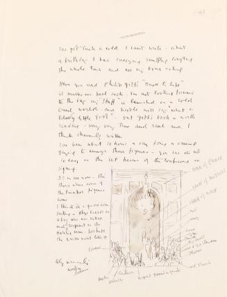 Illustrated letter from William Orpen to Mrs St George with a preliminary sketch of 'To the Unknown British Soldier in France'