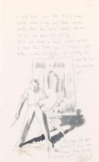 Illustrated letter from William Orpen to Mrs St George with a sketch of the artist and the painting 'A Peace Conference at the Quai d'Orsay'