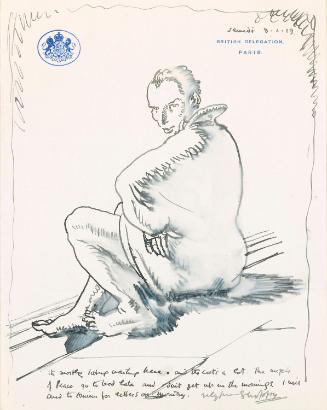 Illustrated letter from William Orpen to Mrs St George with a sketch of the artist sitting on steps