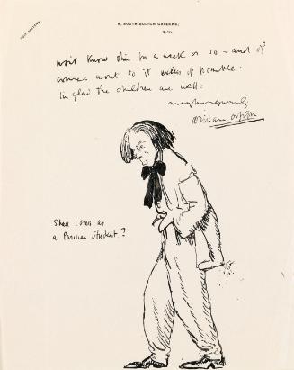 Illustrated letter from William Orpen to Mrs St George with a sketch of the artist dressed as a Parisian student