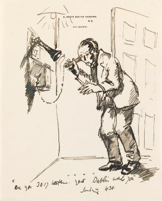 Illustrated letter from William Orpen to Mrs St George with a sketch of the artist answering the phone
