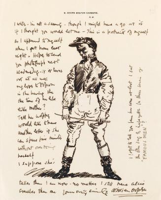 Illustrated letter from William Orpen to Mrs St George with a sketch of the artist dressed as a jockey