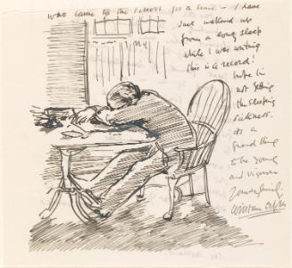 Cropped letter from William Orpen to Mrs St George with a sketch of the artist asleep at a table on the reverse