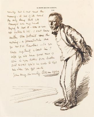 Illustrated letter from William Orpen to Mrs St George with a sketch of the artist and his fallen canvas