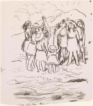 Cropped letter from William Orpen to Mrs St George with a sketch on the reverse of the artist with a group of children at the seaside