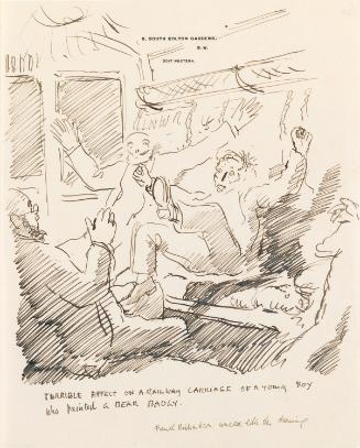Illustrated letter from William Orpen to Mrs St George with a sketch of the artist in a train carriage