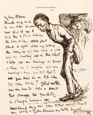 Illustrated letter from William Orpen to Gardenia St George with sketches of the artist and Gardenia