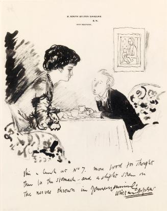 Illustrated letter from William Orpen to Mrs St George with a sketch of the artist and a woman having tea
