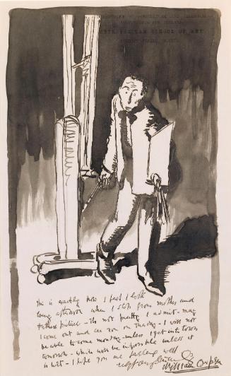 Illustrated letter from William Orpen to Mrs St George with a sketch of the artist during the painting of 'The Artist's Parents'