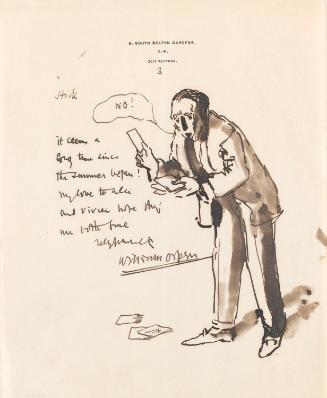 Illustrated letter from William Orpen to Mrs St George with a sketch of the artist looking through envelopes