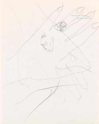 Outline sketch of a man and woman's hand with a sketch of the artist