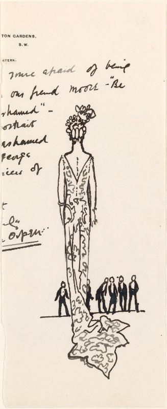 Cropped letter from William Orpen to Mrs St George with a sketch of Mrs St George in a ball gown