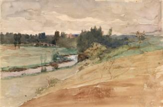 A Kneeling Figure against a Castle and Bridge in a Valley