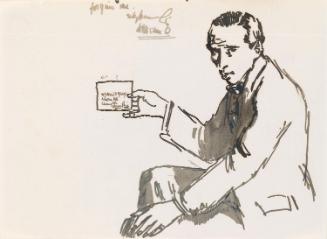 Cropped letter from William Orpen to Mrs St George with a sketch of the artist holding an envelope
