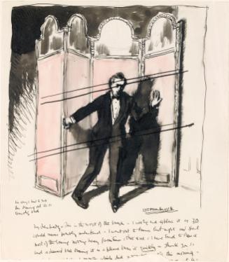 Cropped letter from William Orpen to Mrs St George with a sketch of the artist moving furniture